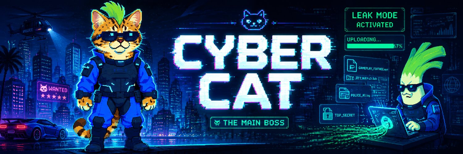 CyberCat cyberpunk city banner: the main boss standing in a neon metropolis